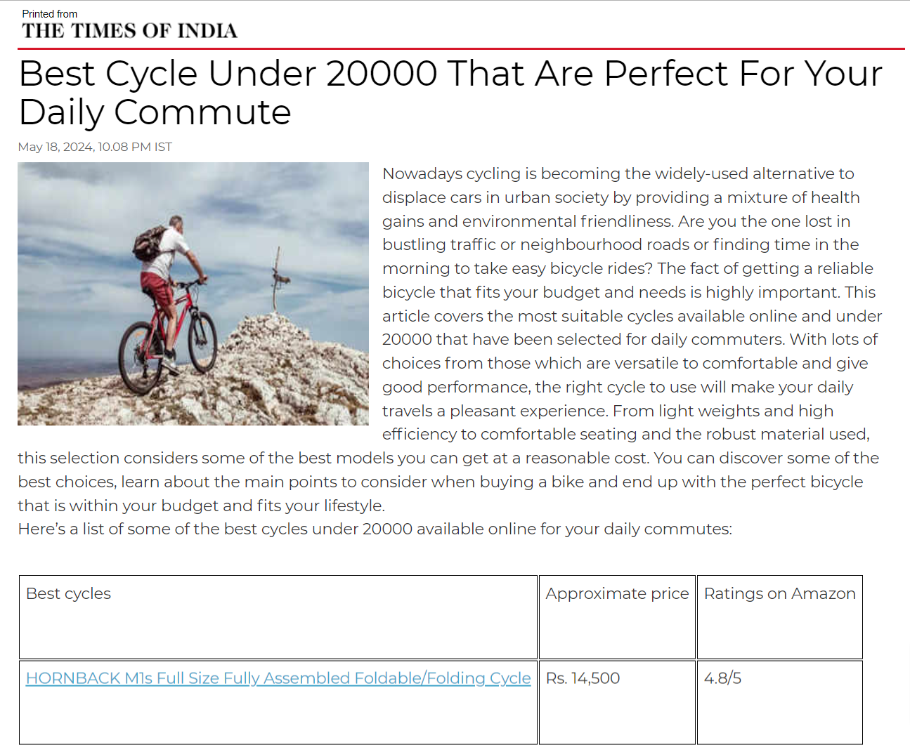 Hornback M1s Ranked 1 in Times of India for Best Cycle Under 20 000