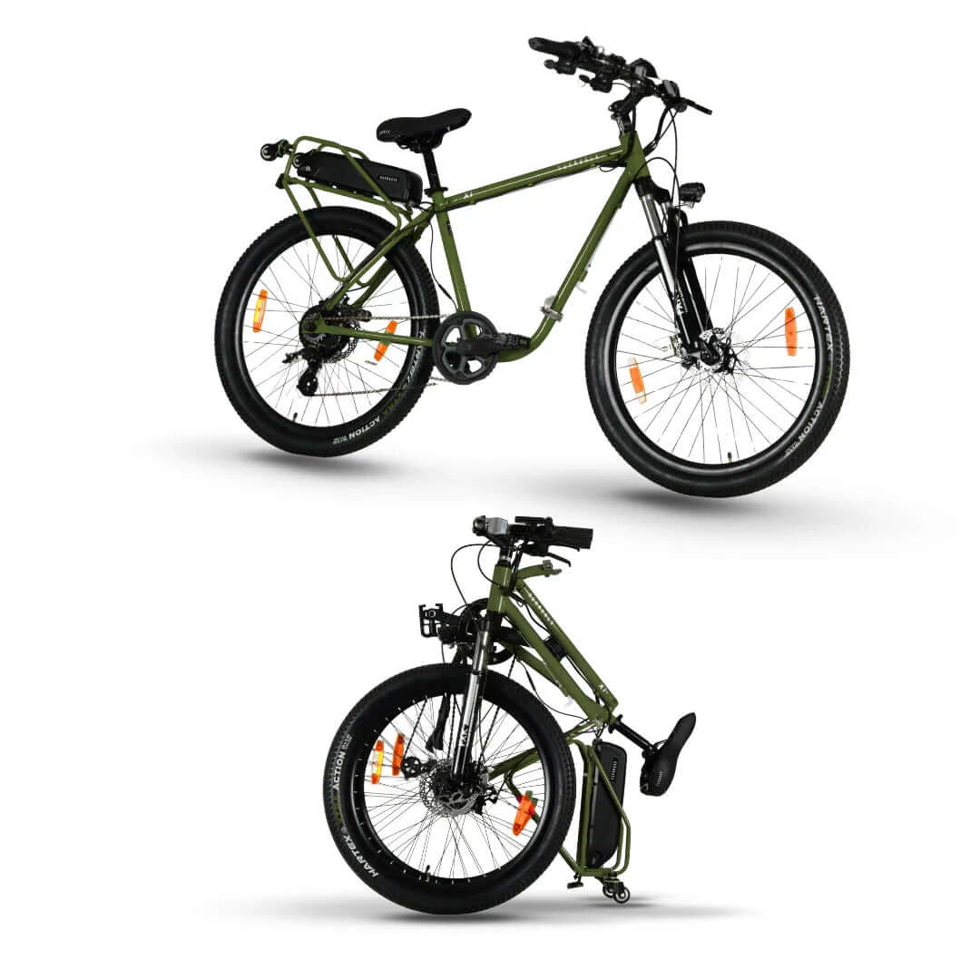 Hornback X1 Pro Electric Cycle in green color, showcasing its folding design and durable features.