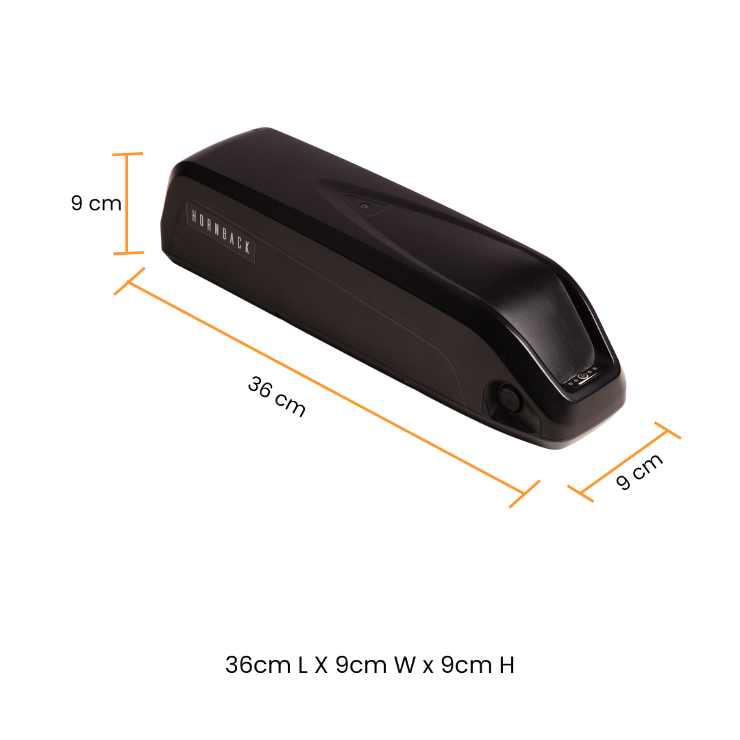 Hornback Removable Battery 10.4 Ah10.4 Ah High-capacity lithium battery for extended range and long-distance rides Fast charging technology with full recharge in 3–5 hours to minimize downtime Removable and lightweight battery design for easy charging at