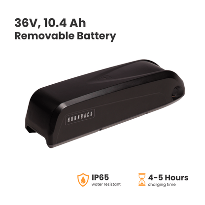 Hornback Removable Battery 10.4 Ah with IP65 water resistance and 4-5 hours charging time.
